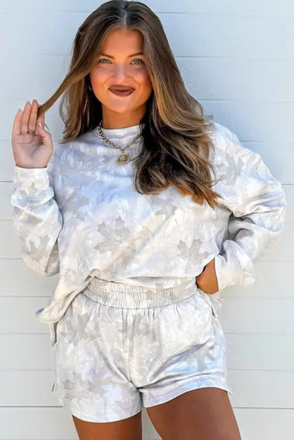 Beige Camo Print Lounge Pullover and Elastic Waist Short Set