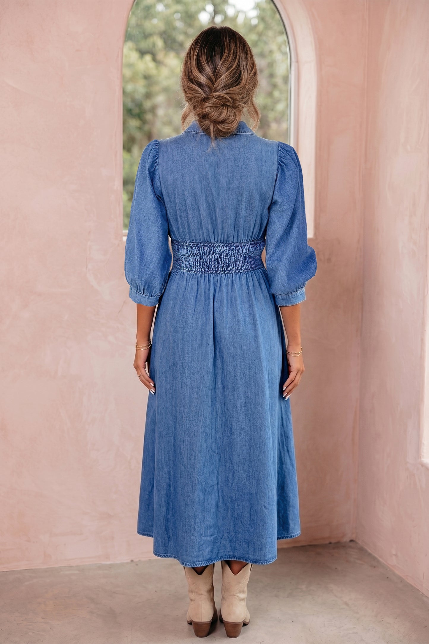 Denim Zip Front Smocked Waist Puff Sleeve Midi Dress