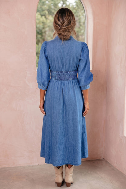 Denim Zip Front Smocked Waist Puff Sleeve Midi Dress