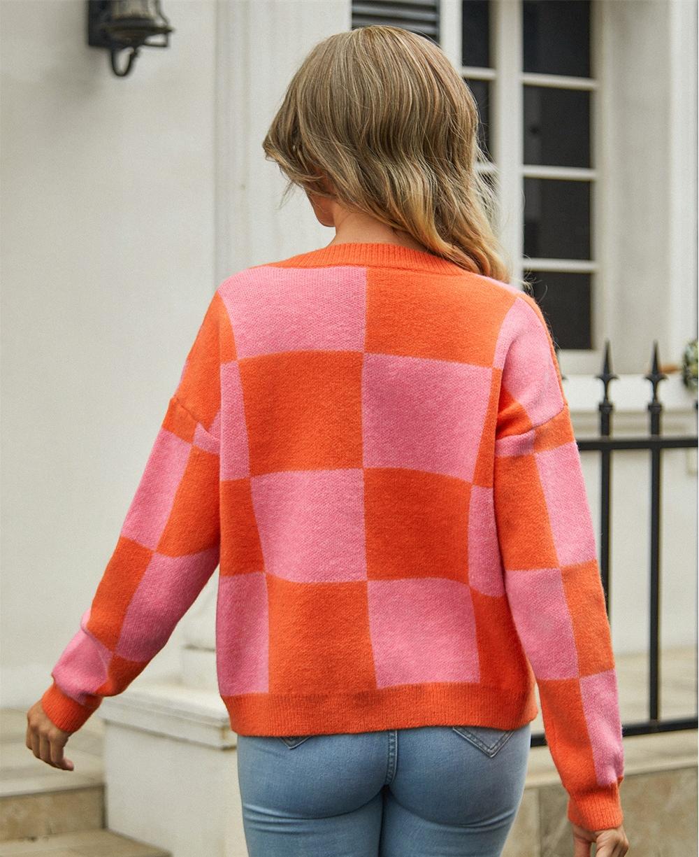 Checkerboard Colorblock Knit Cardigan - Oversized Fit