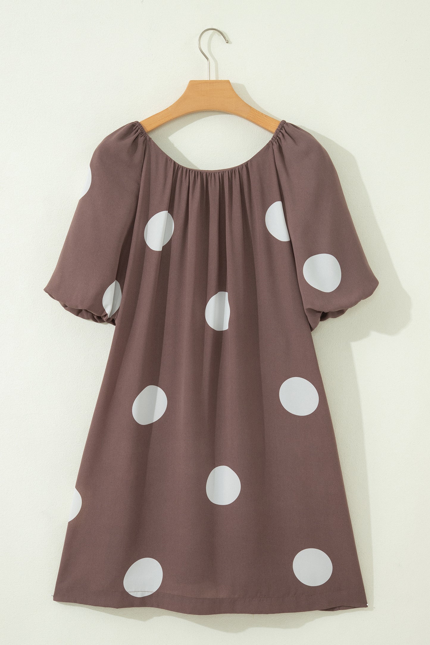 Brown Polka Dot Puff Sleeve Loose Fit Mini Dress