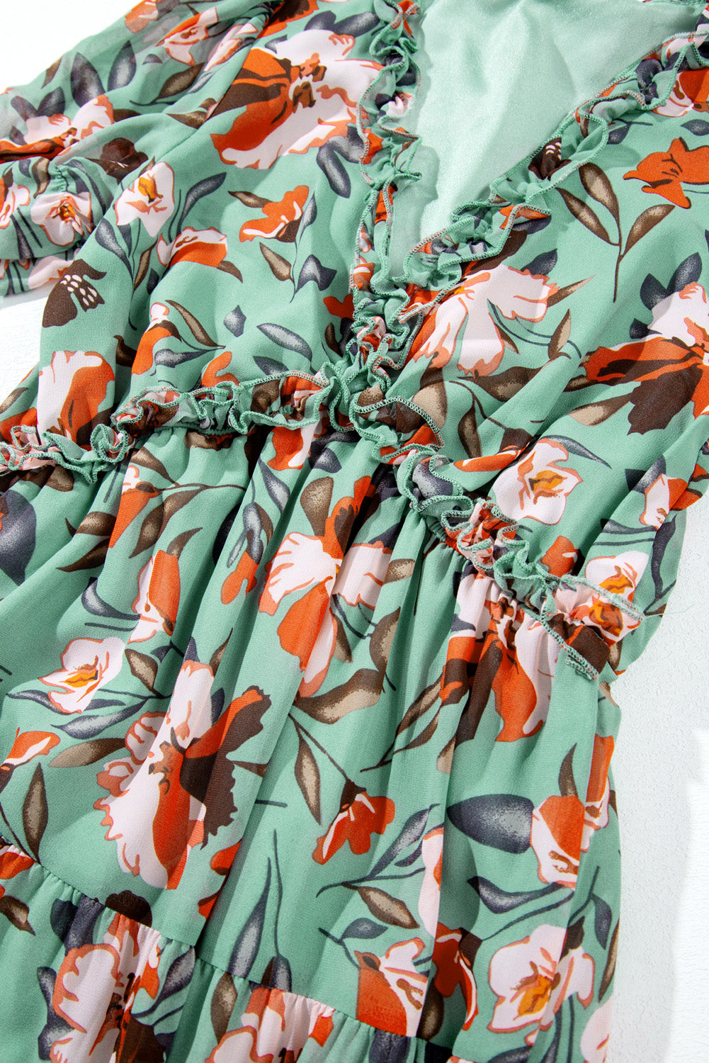 Sky Blue Floral V Neck Ruffle Short Sleeve Maxi Dress