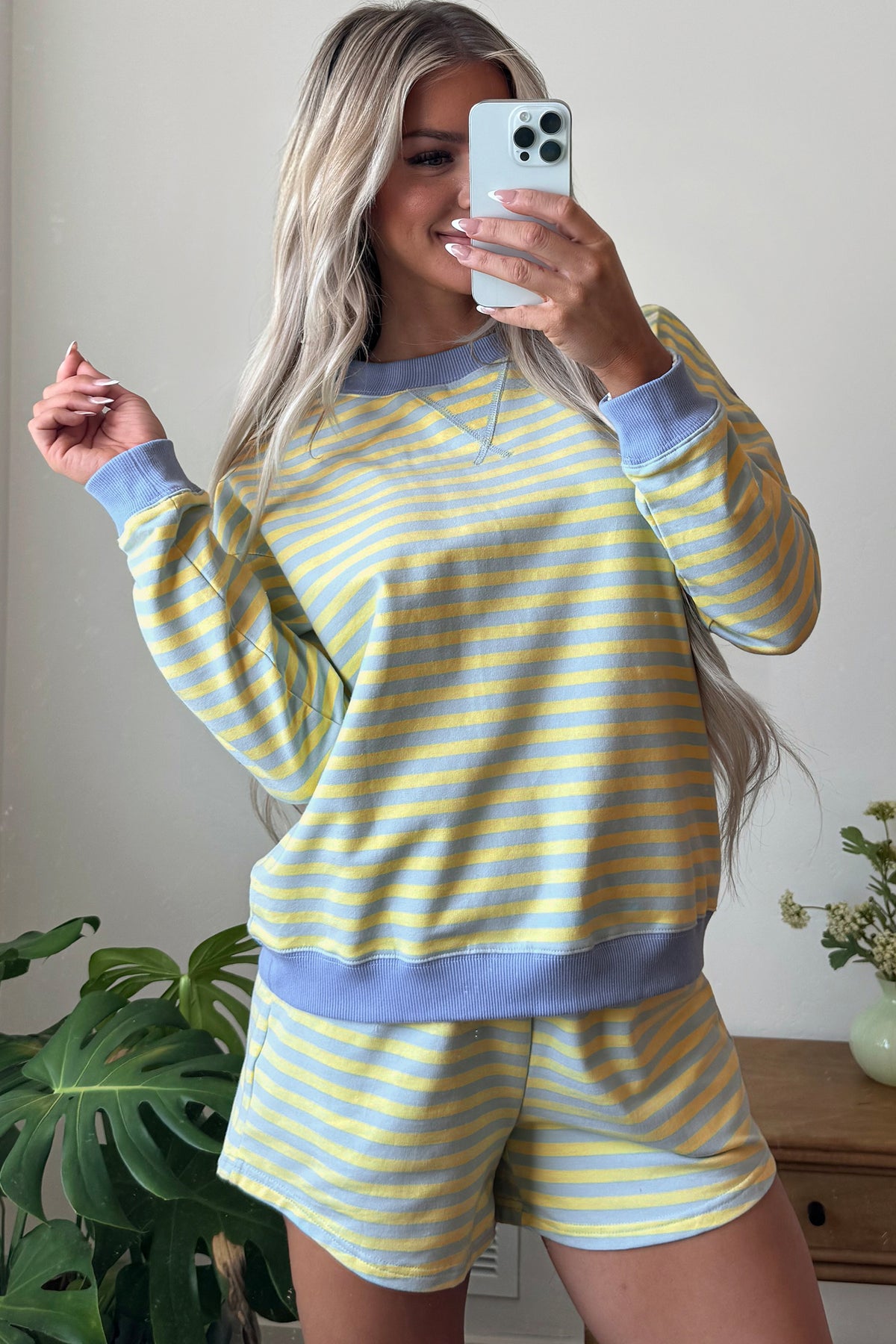 Striped Long Sleeve Pullover and Shorts Lounge Set