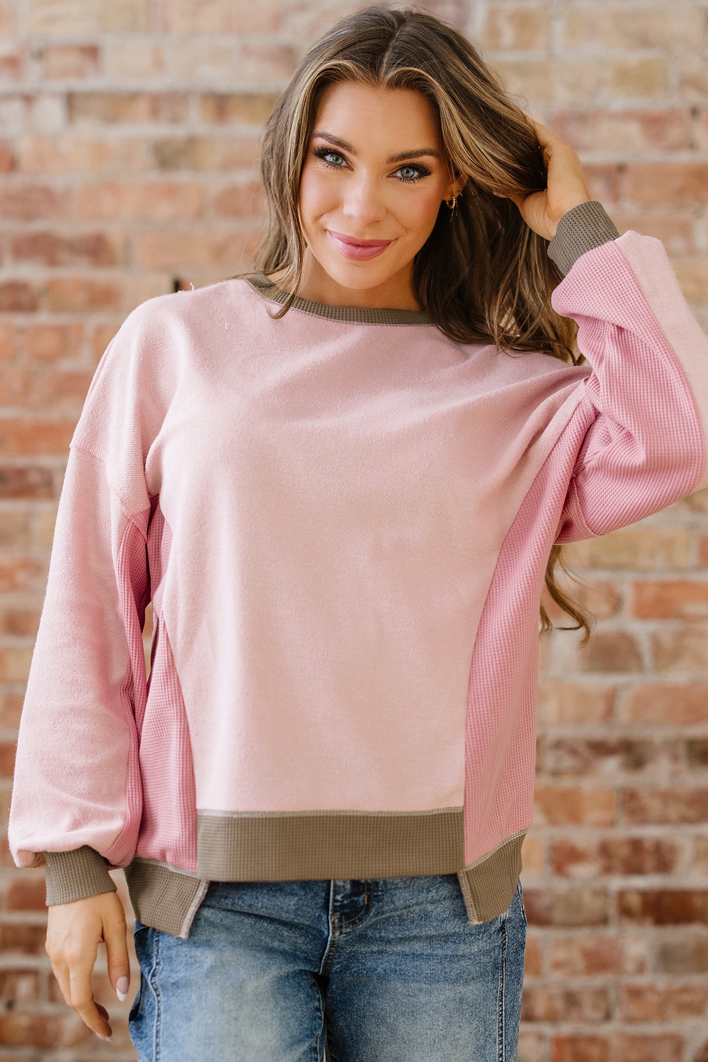 Color Block Patchwork Waffle Knit Oversized Sweatshirt