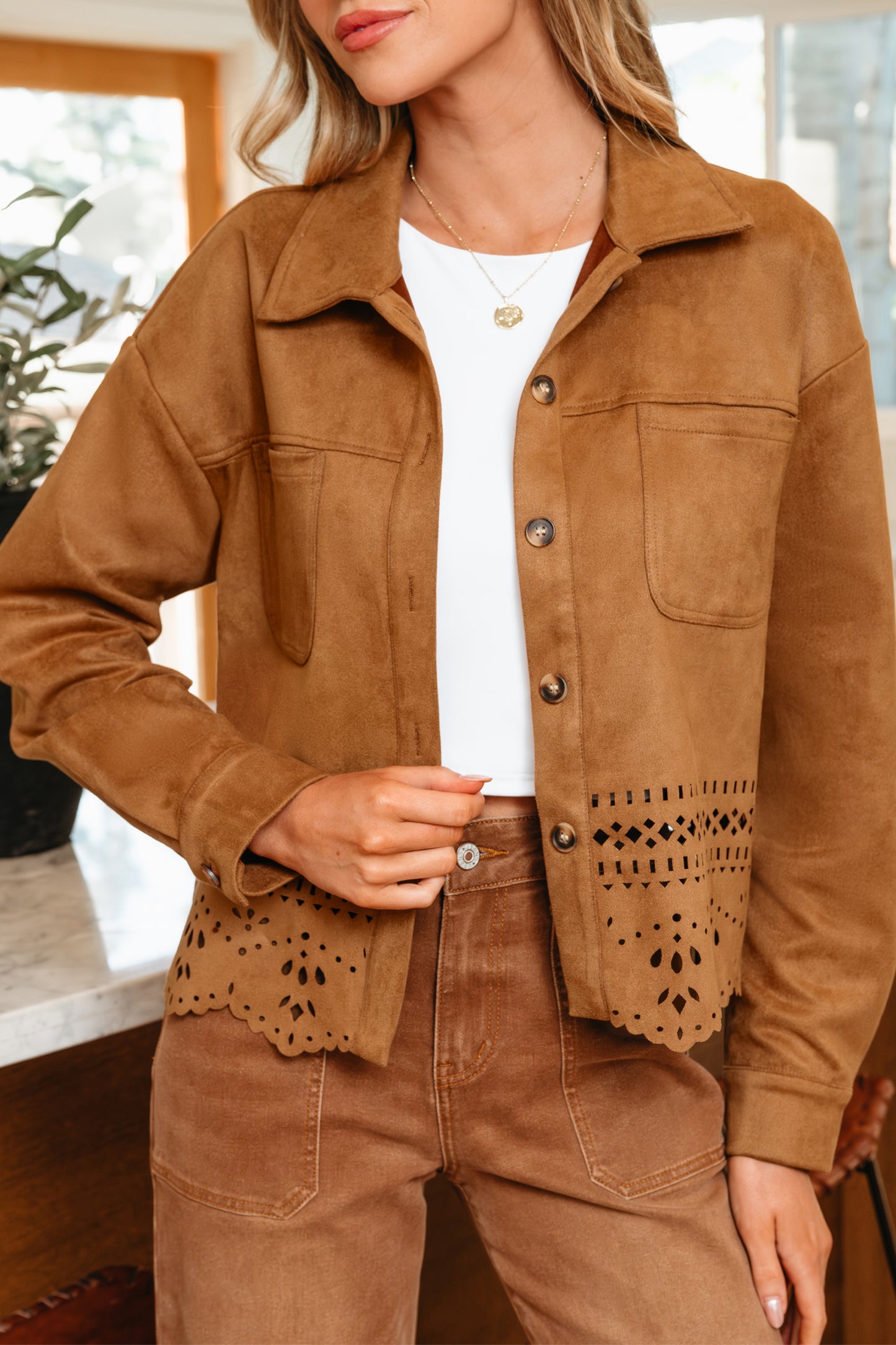 Faux Suede Laser Cut Button Down Retro Western Jacket