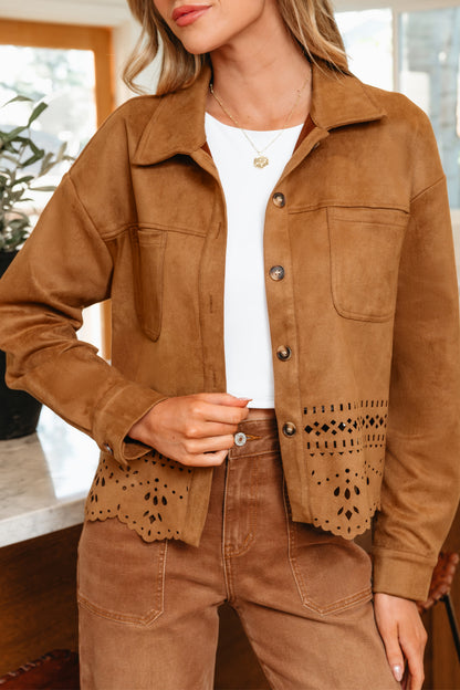 Faux Suede Laser Cut Button Down Retro Western Jacket