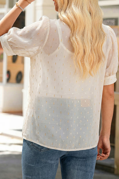 Beige Metallic Jacquard Puff Sleeve Button Blouse