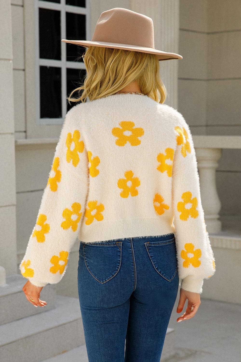 Floral Knit Crop Cardigan - Fuzzy V-Neck Sweater