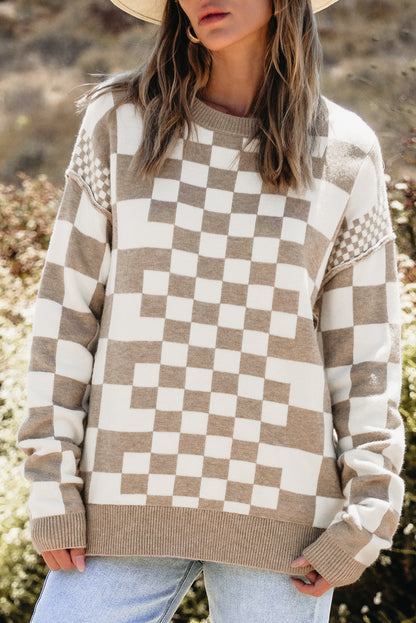 Brown Checkered Print Drop Shoulder Round Neck Sweater