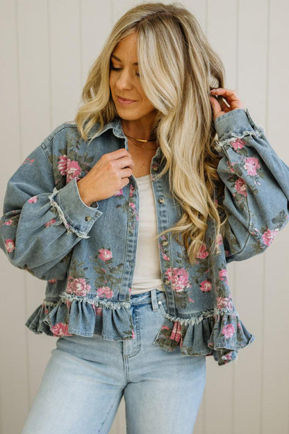Floral Denim Jacket Ruffle Hem Puff Sleeve Cropped