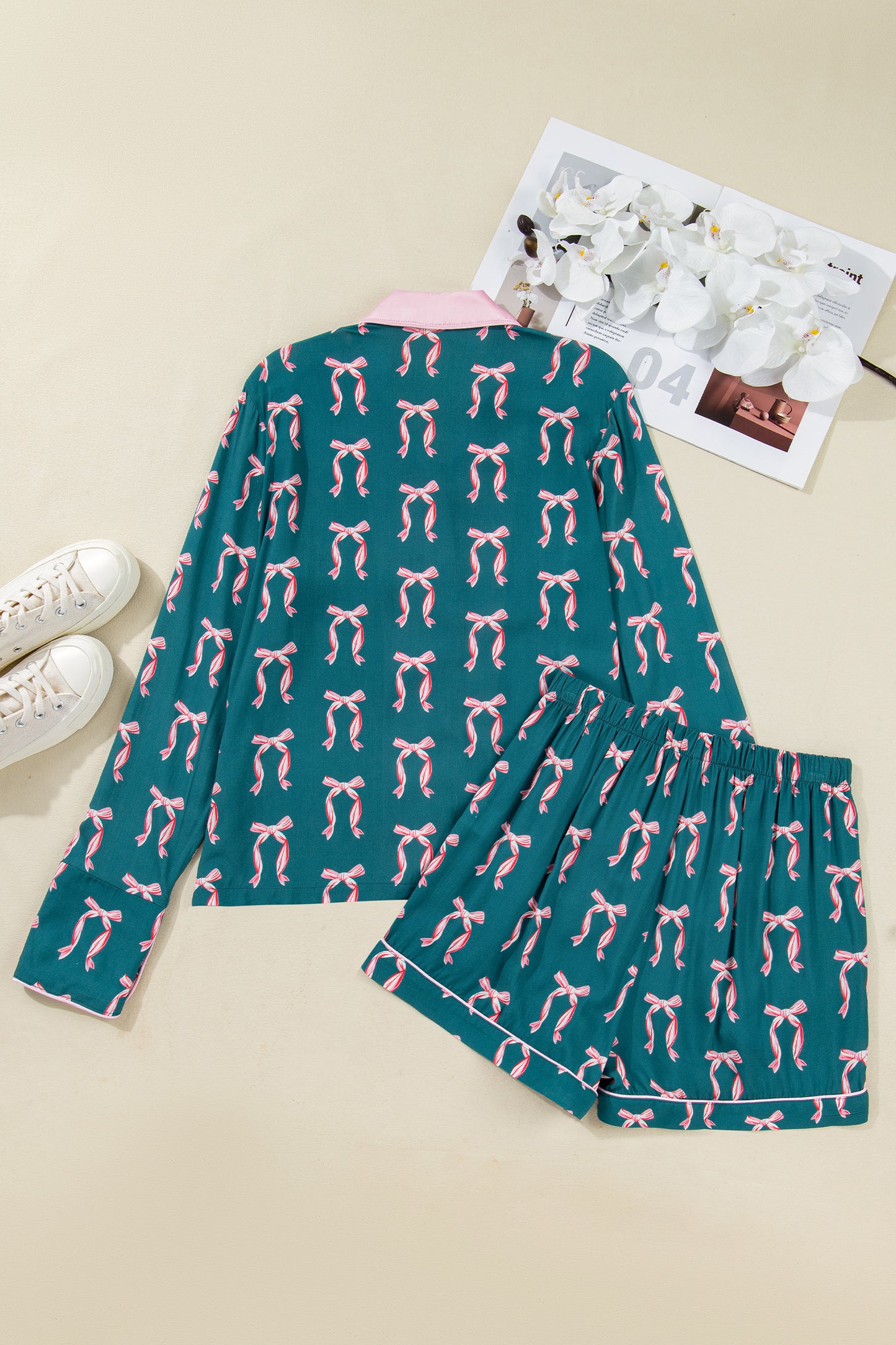 Green Bow Satin Pajama Set for Valentine Long Sleeve/Shorts