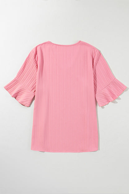 Peach Blossom Ruffled Half Sleeve V Neck Textured Plus Top