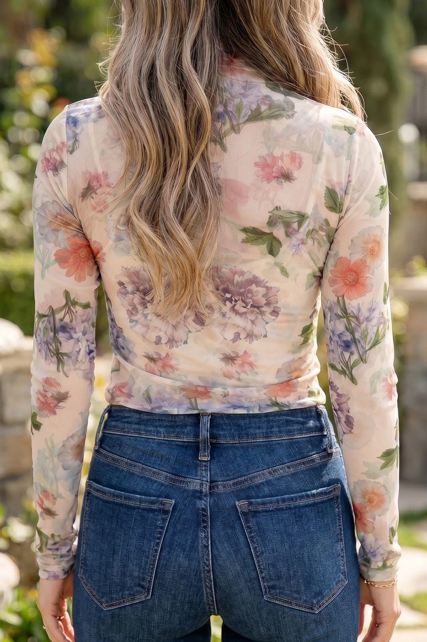 Apricot Floral Mesh Mock Neck Thumbhole Long Sleeve Top
