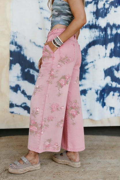 Floral Print Bootcut Jeans High Waist Vintage Denim