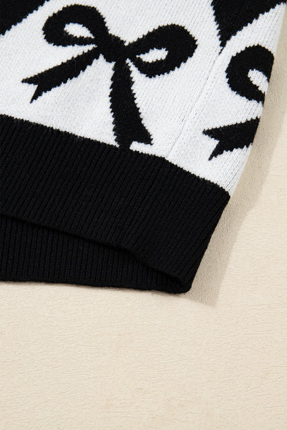 Black White Bow Argyle Knit Oversized Sweater