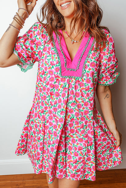 Pink Floral V Neck Puff Sleeve Mini Dress
