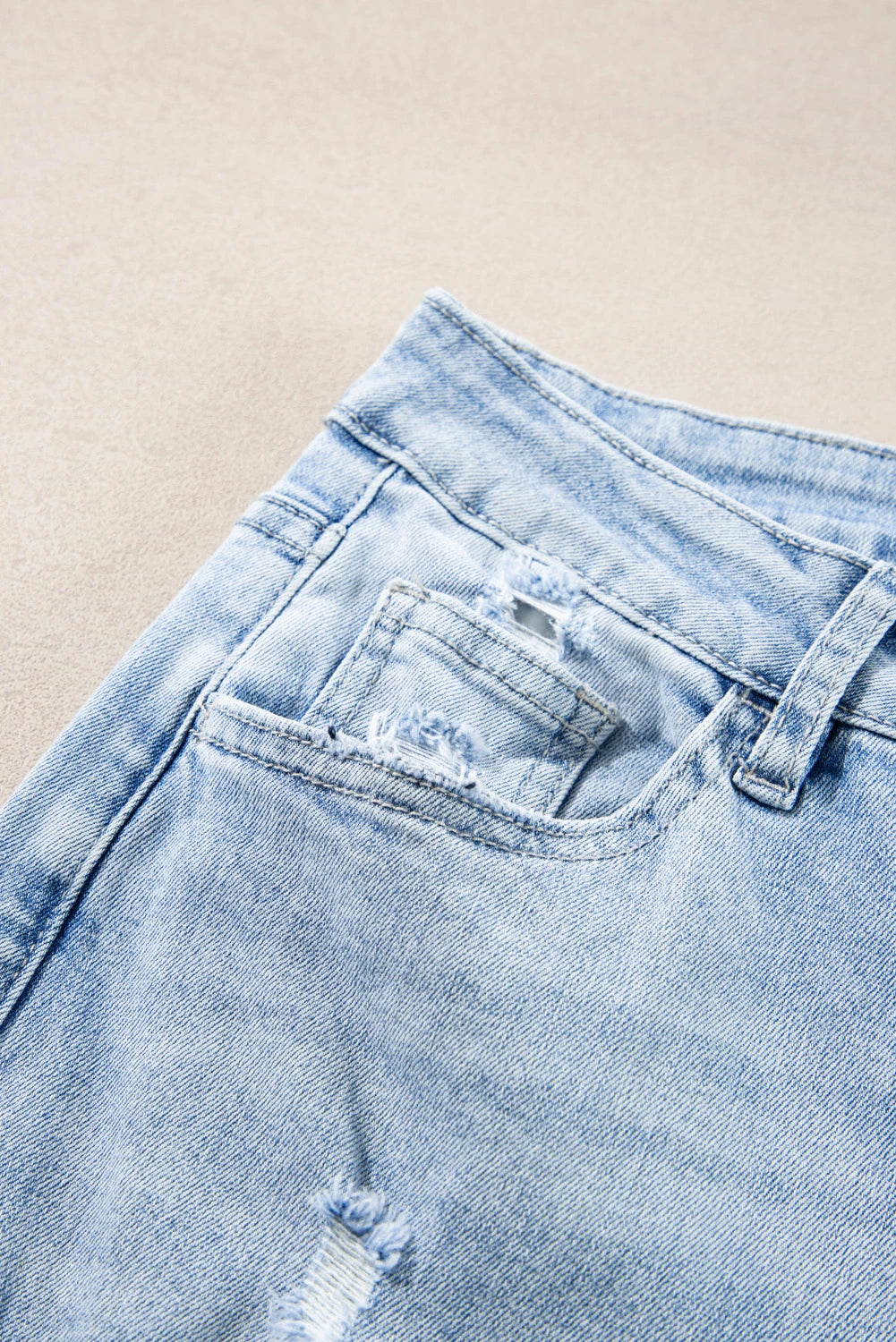 Light Wash Distressed Straight Leg Jeans Raw Hem Denim