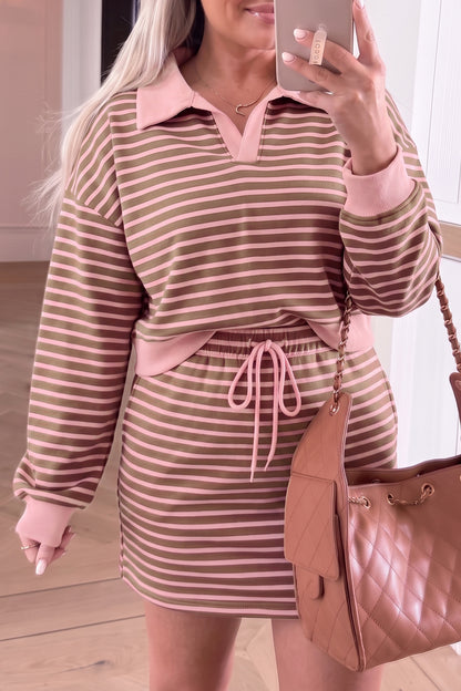 Women's Preppy Striped Collared Drawstring 2-Piece Set