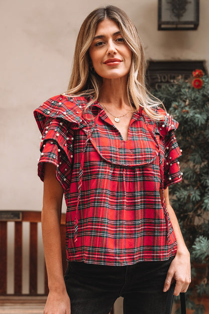 Red Christmas Plaid Pearl Ruffle Short Sleeve Holiday Blouse