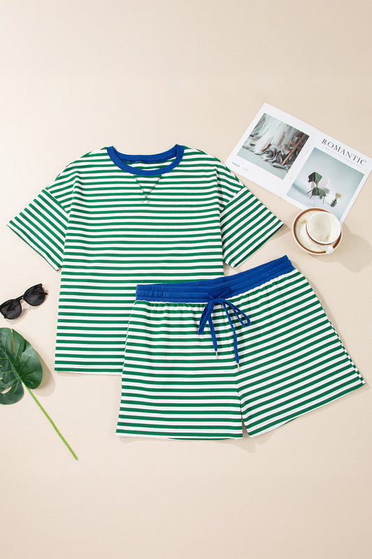 Plus Size Stripe Loose Tee Drawstring Shorts Set