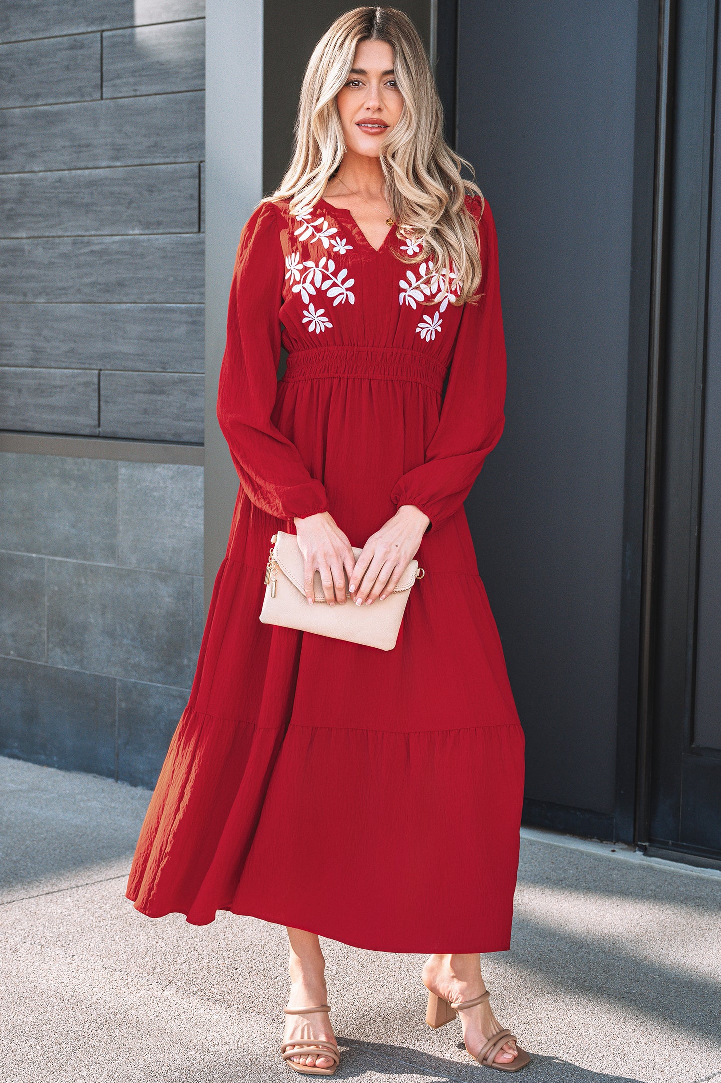 Racing Red Embroidered Cinched Waist Tiered Maxi Dress