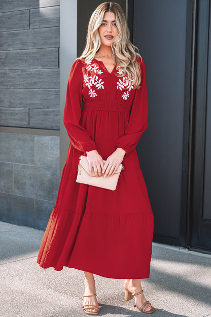 Racing Red Embroidered Cinched Waist Tiered Maxi Dress