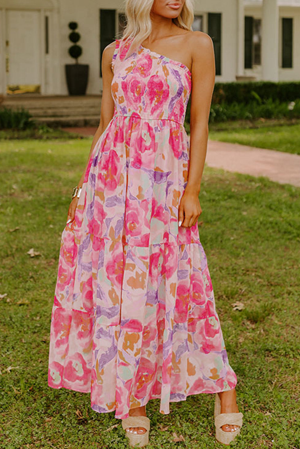 Pink Floral One Shoulder Smocked Tiered Maxi Dress