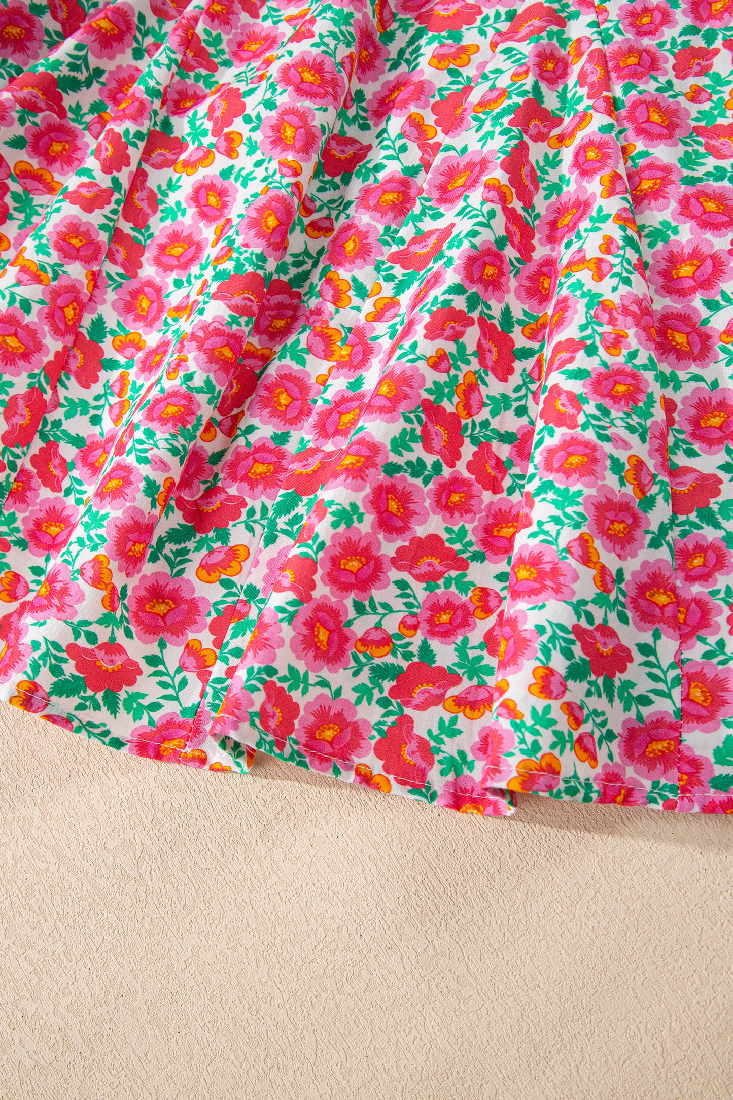Pink Floral V Neck Puff Sleeve Mini Dress