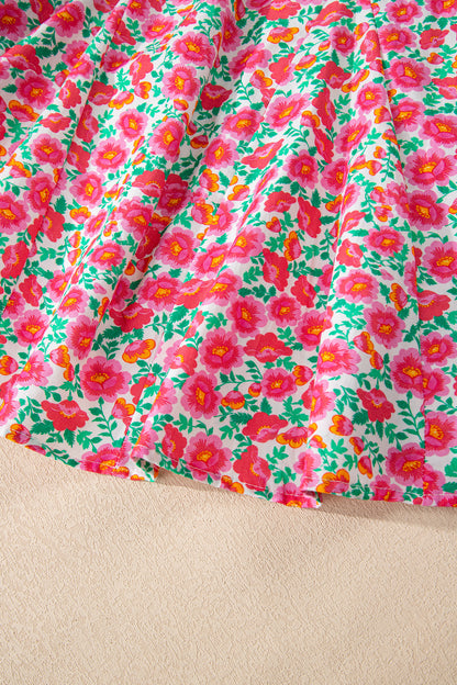 Pink Floral V Neck Puff Sleeve Mini Dress