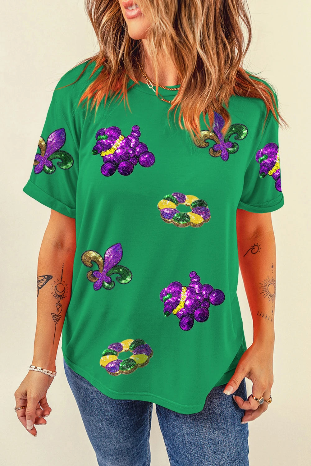 Green Mardi Gras Sequin Patch Graphic Short Sleeve Tee