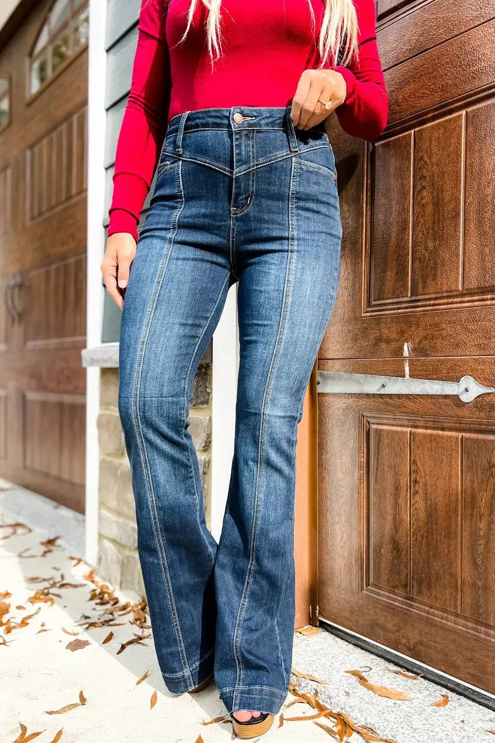 High Waist Flare Jeans with Contrast Seams & Pockets
