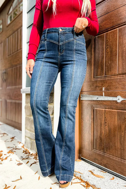 High Waist Flare Jeans with Contrast Seams & Pockets
