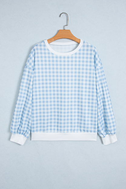 Gingham Plaid Sweatshirt Oversized Puff Sleeve Pullover
