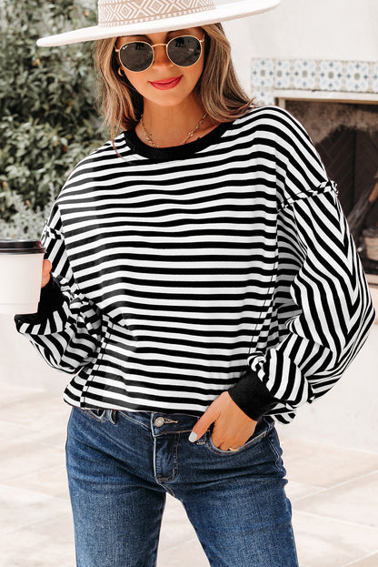 Red Stripe Oversized Pullover Exposed Seam Long Sleeve Top