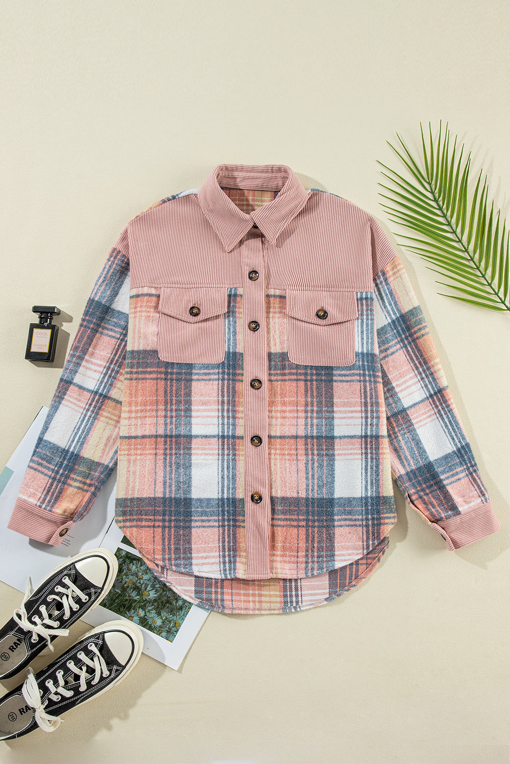 Light Pink Plaid Corduroy Patchwork Pocket Shacket