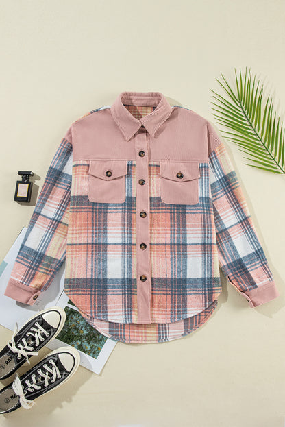 Light Pink Plaid Corduroy Patchwork Pocket Shacket