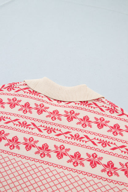 Sachet Pink Cozy Abstract Print Button Stand Neck Casual Sweater