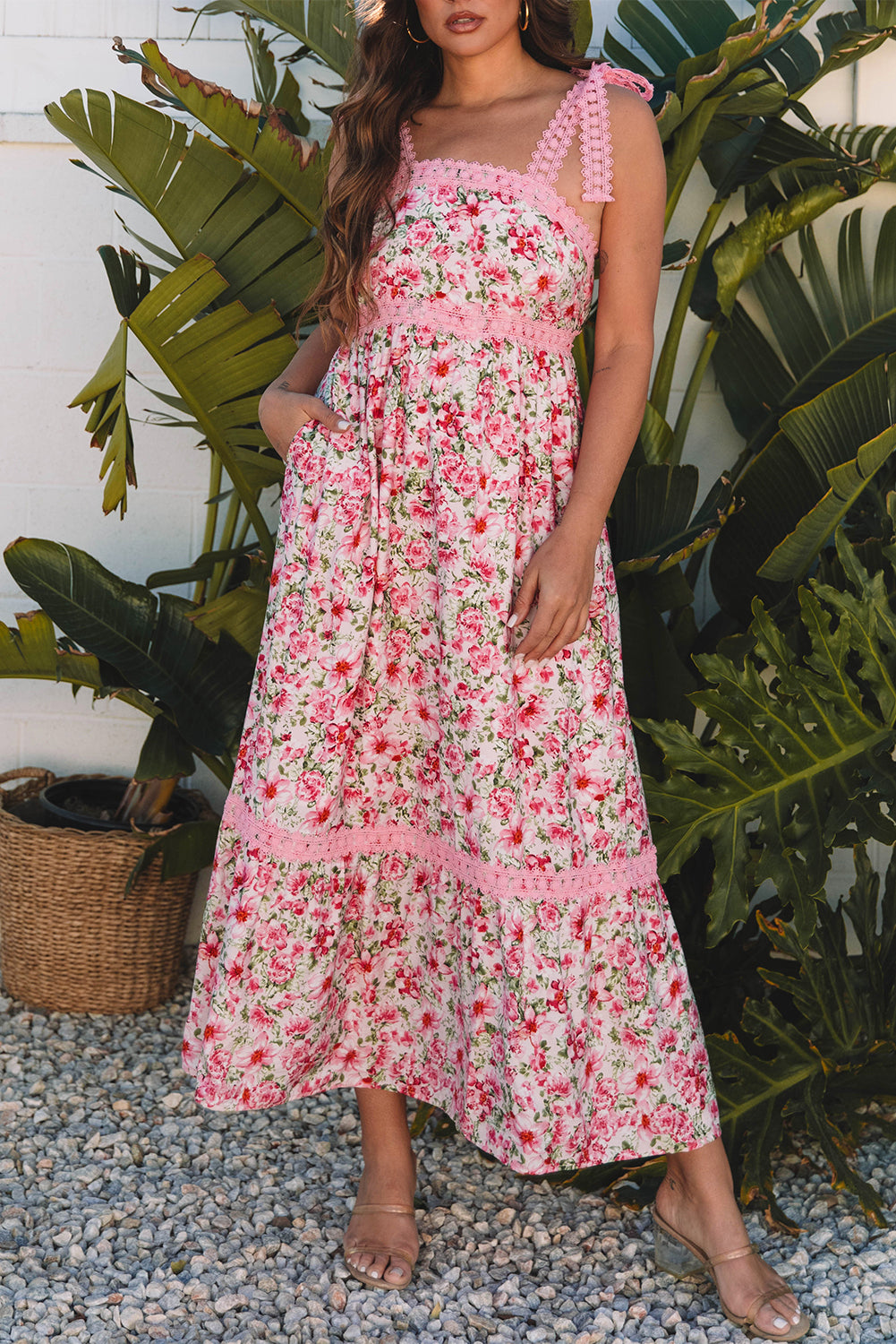 Pink Floral Lace Strap Empire Waist Maxi Dress