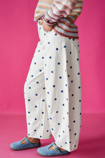 Blue Polka Dot Barrel Jeans High Waist Wide Leg Pants