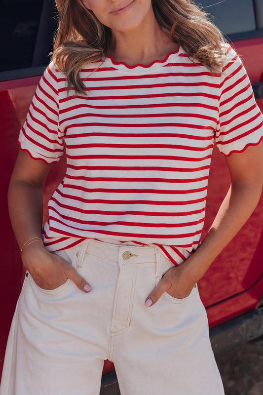 Red Stripe Scalloped Trim Short Sleeve Round Neck Tee