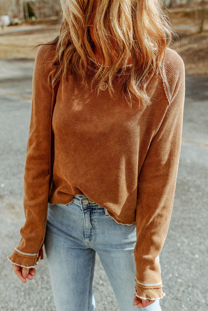 Blue Textured Round Neck Long Sleeve Top