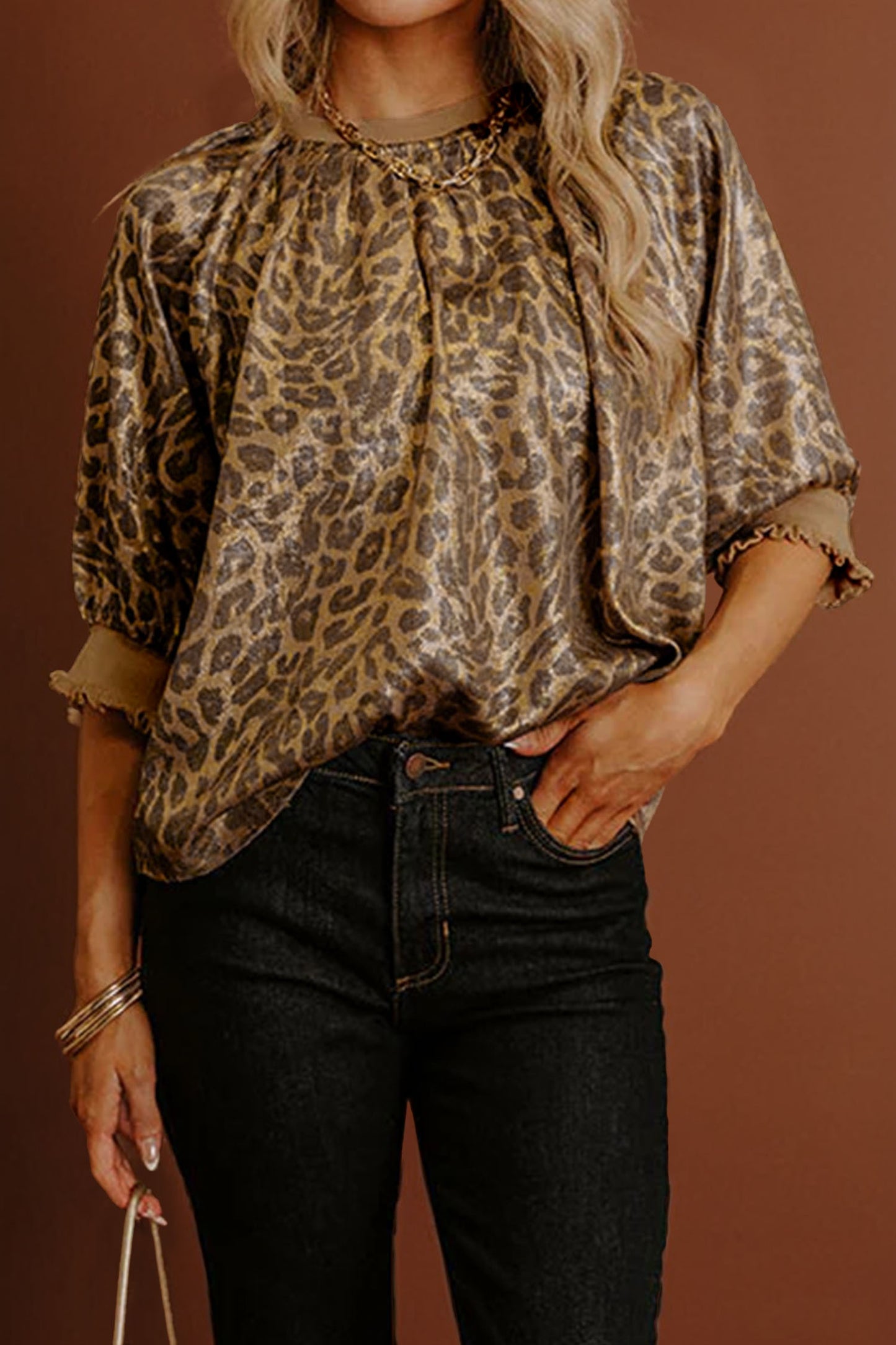 Metallic Leopard Print Puff Sleeve Blouse
