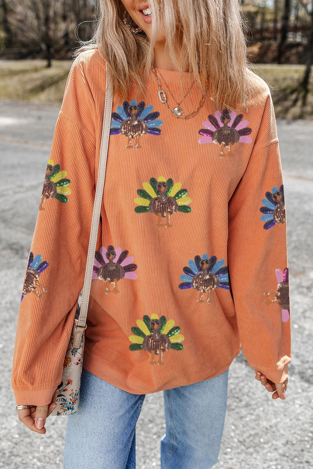 Sequined Turkey Corded Oversized Thanksgiving Sweatshirt