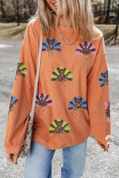 Sequined Turkey Corded Oversized Thanksgiving Sweatshirt