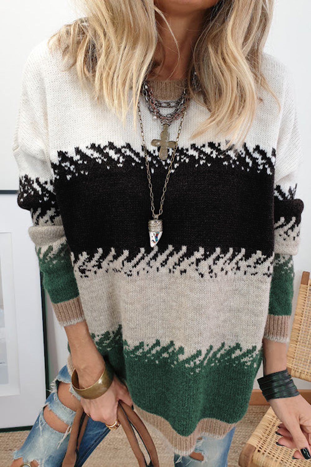 Women's Color Block Knit Sweater with Drop Shoulder Fit