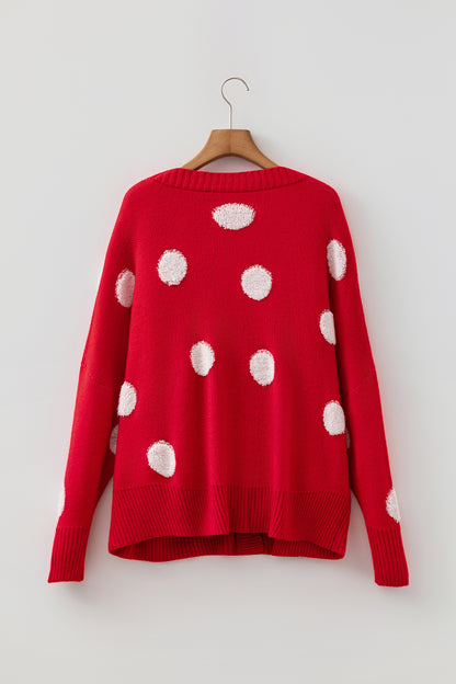Polka Dot Oversized V Neck Knit Cardigan Sweater