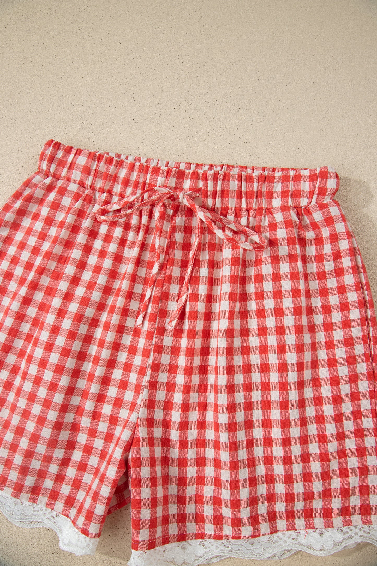 Gingham High Waist Tie Lace Trim Casual Shorts Women