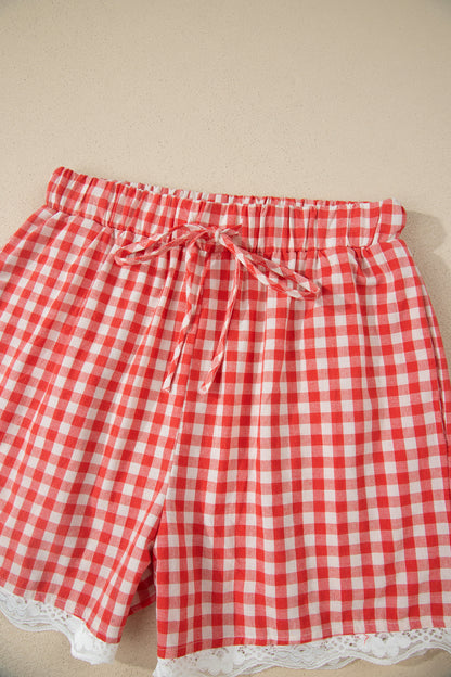 Gingham High Waist Tie Lace Trim Casual Shorts Women