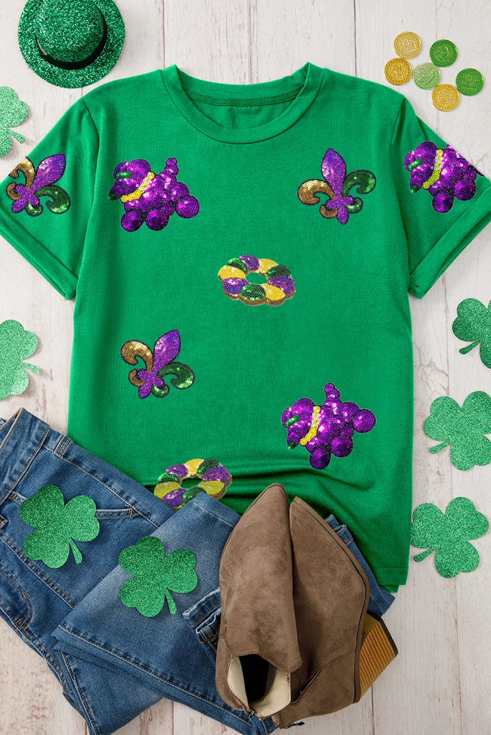 Green Mardi Gras Sequin Patch Graphic Short Sleeve Tee