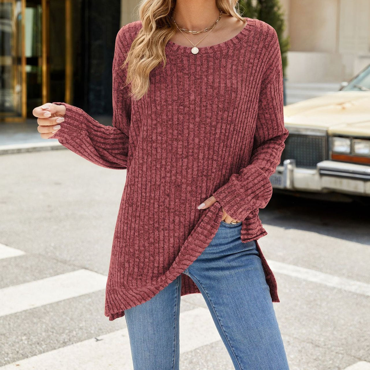Women's Oversized Ribbed Long Sleeve Side Slit Tunic Top